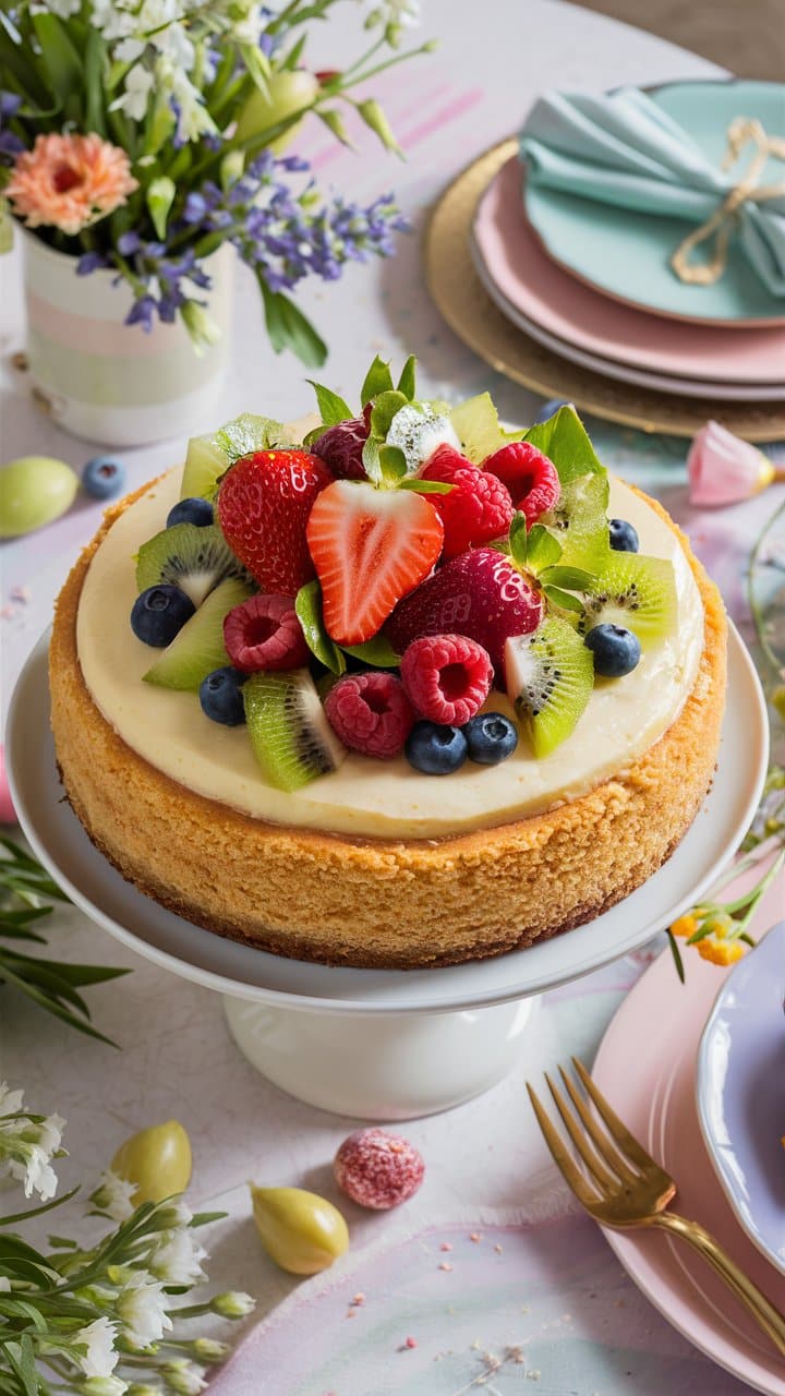 Cheesecake aux fruits frais sur assiette décorée.