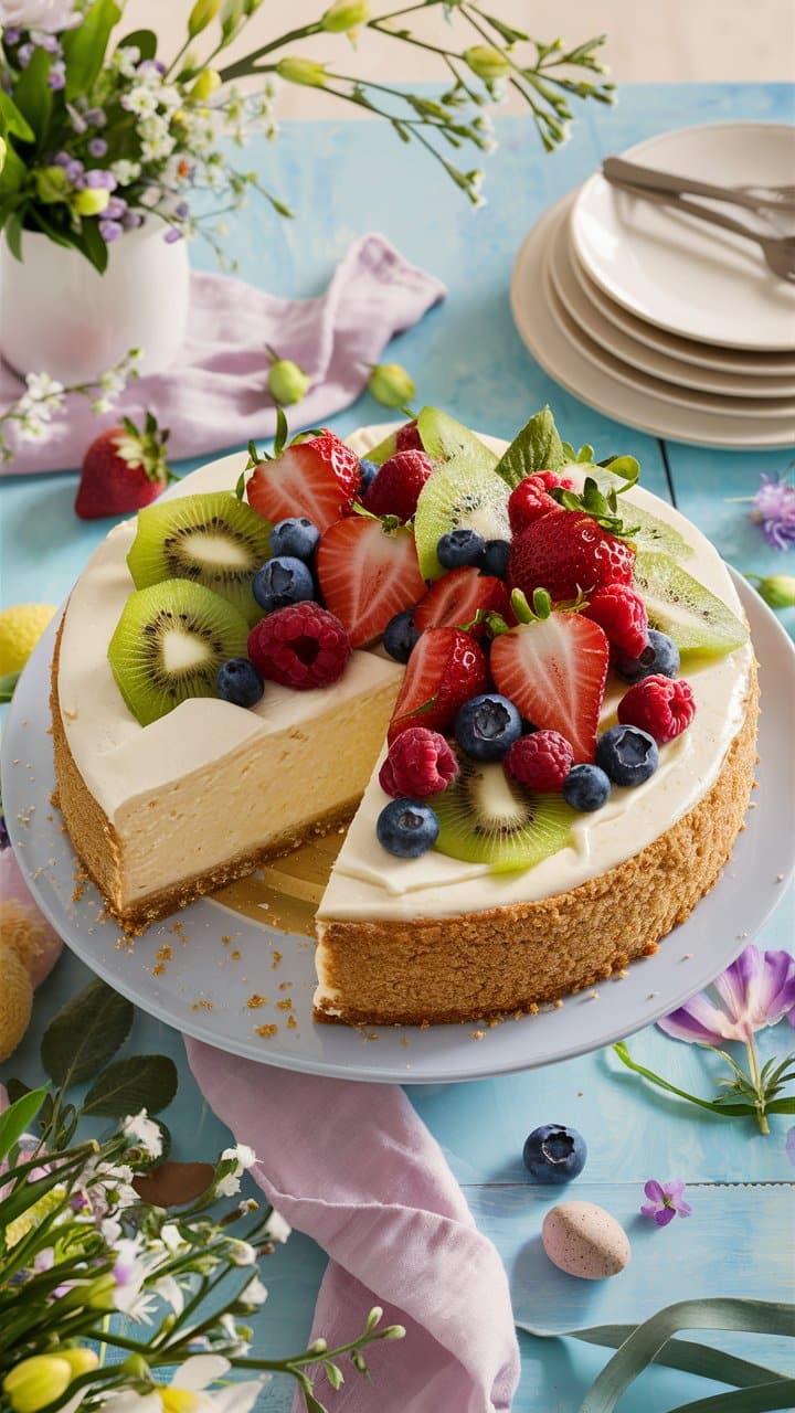 Cheesecake aux fruits frais sur table colorée.