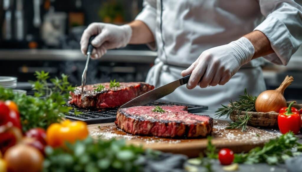 Cuisson de steaks avec légumes dans une cuisine.