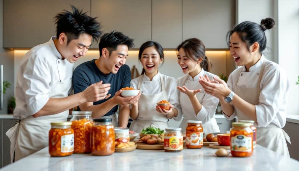 Cinq chefs en cuisine préparent un repas ensemble.