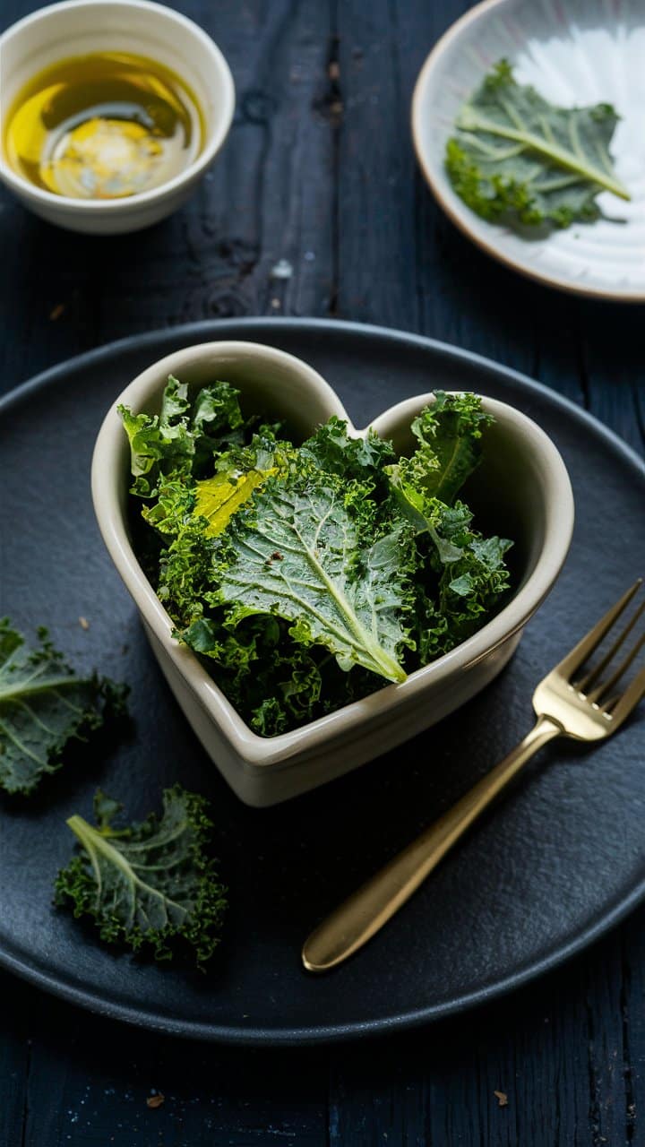 Salade de chou kale dans un bol en cœur.