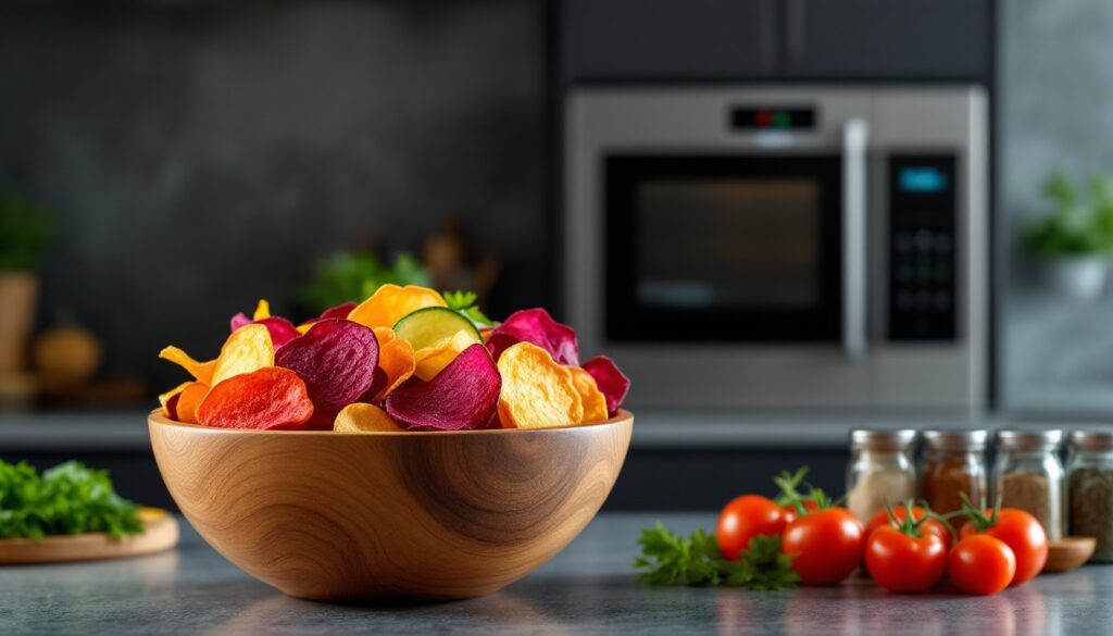 Bol de chips colorées dans cuisine moderne.