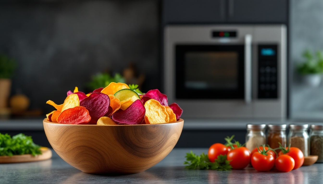 Bol de chips colorées dans cuisine moderne.