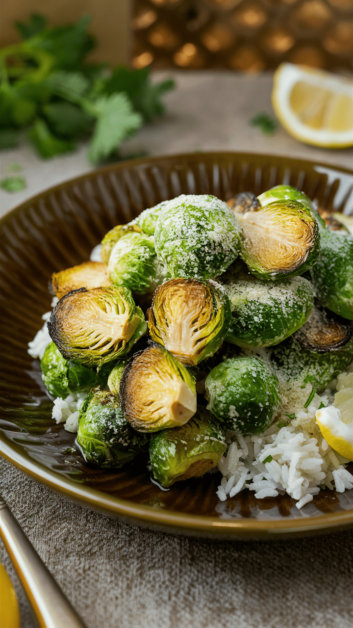Choux de Bruxelles rôtis sur riz blanc.