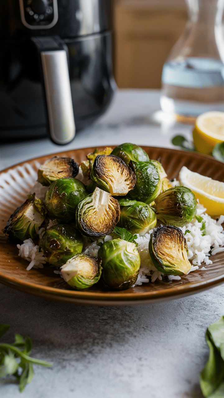 Choux de Bruxelles grillés sur riz blanc.