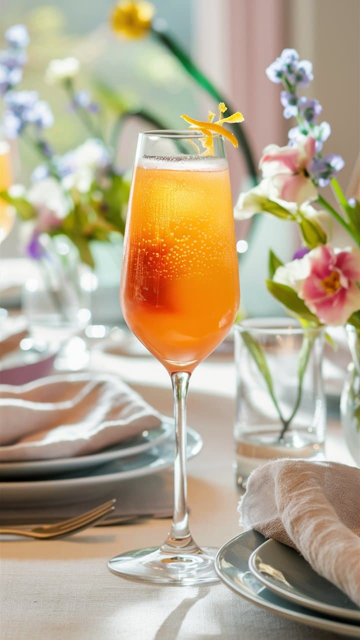 Cocktail orange pétillant sur une table fleurie.