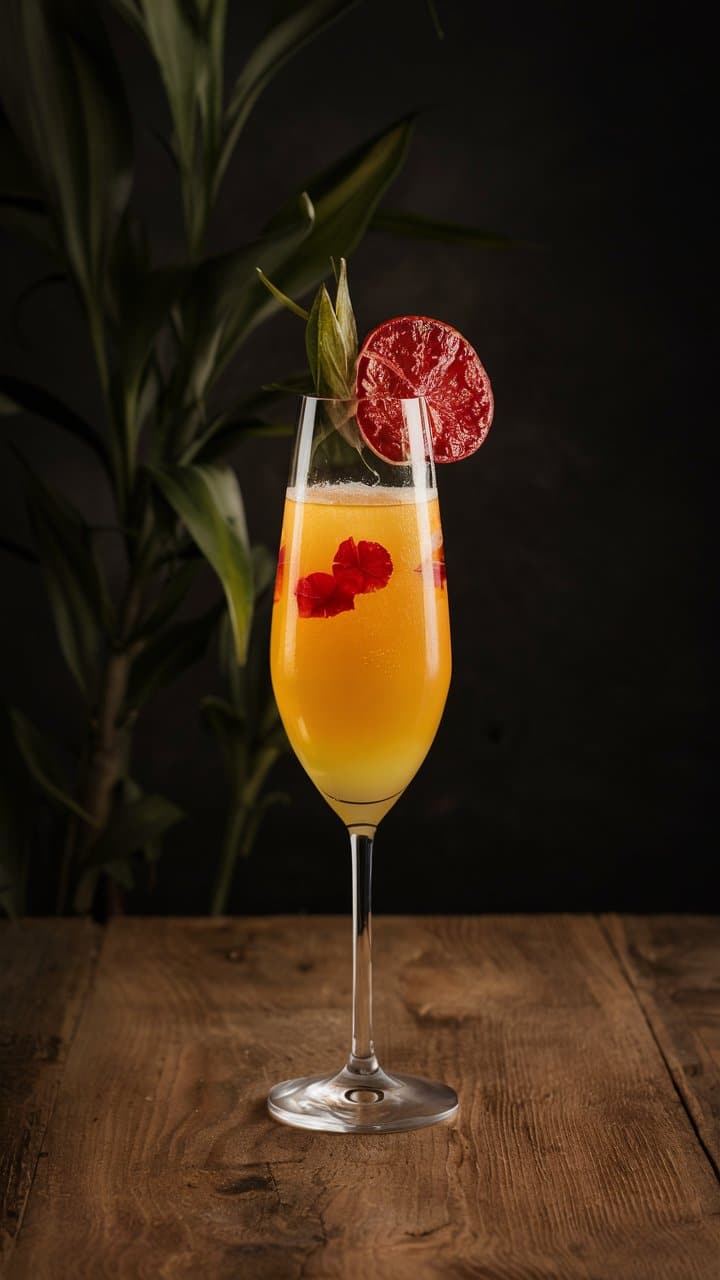Cocktail orange décoré de fruits sur table en bois.