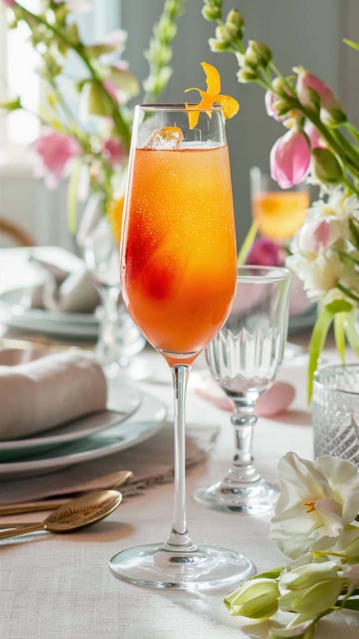 Cocktail orange décoré de fleurs sur table élégante.