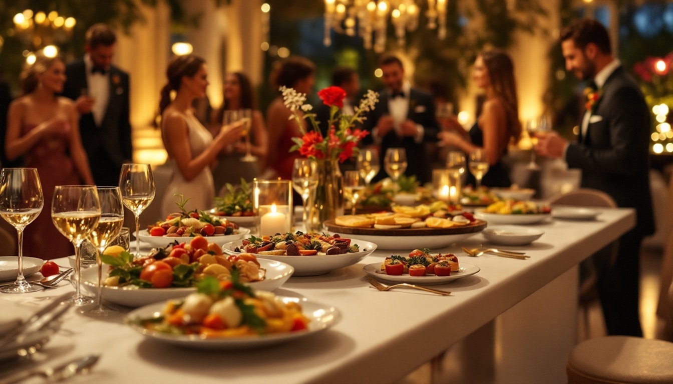 Réception élégante avec buffet et invités sophistiqués.
