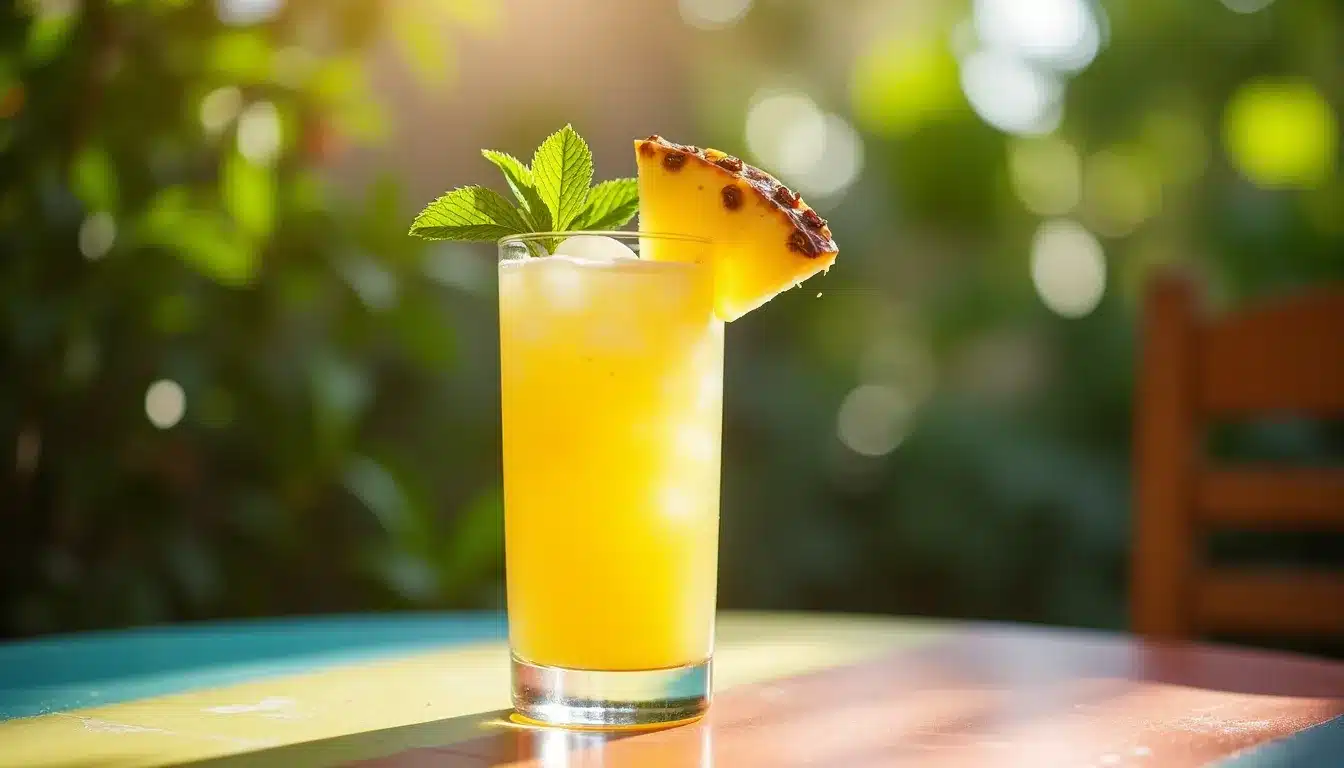 Cocktail tropical avec ananas et glaçons, extérieur estival.