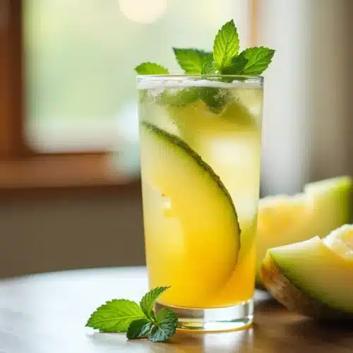Cocktail melon et menthe sur table en bois.