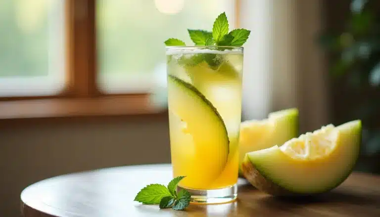Cocktail melon et menthe sur table en bois.