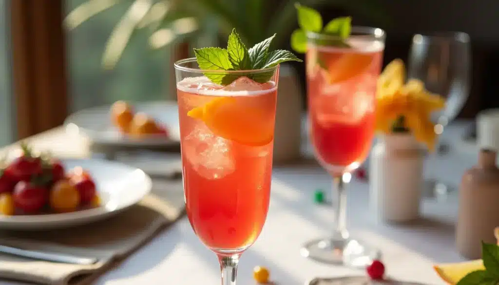 Cocktails fruités sur une table ensoleillée.