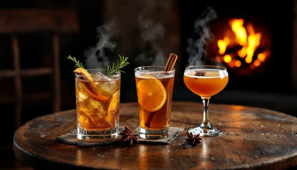 Cocktails variés près d'un feu de cheminée.