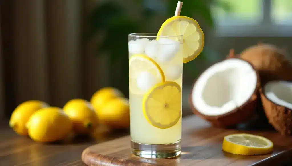 Boisson citronnée avec glaçons et rondelles de citron.