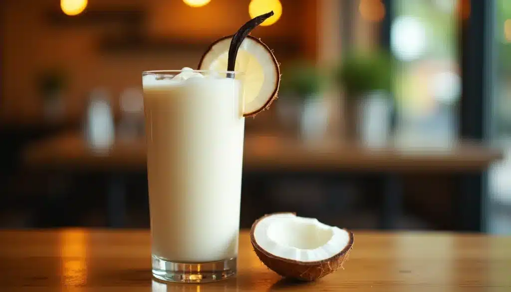 Verre de lait de coco avec vanille.