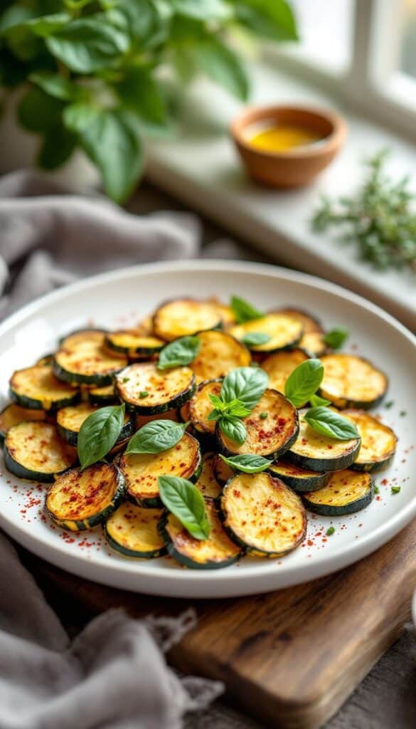 Tranches de courgettes grillées avec basilic.