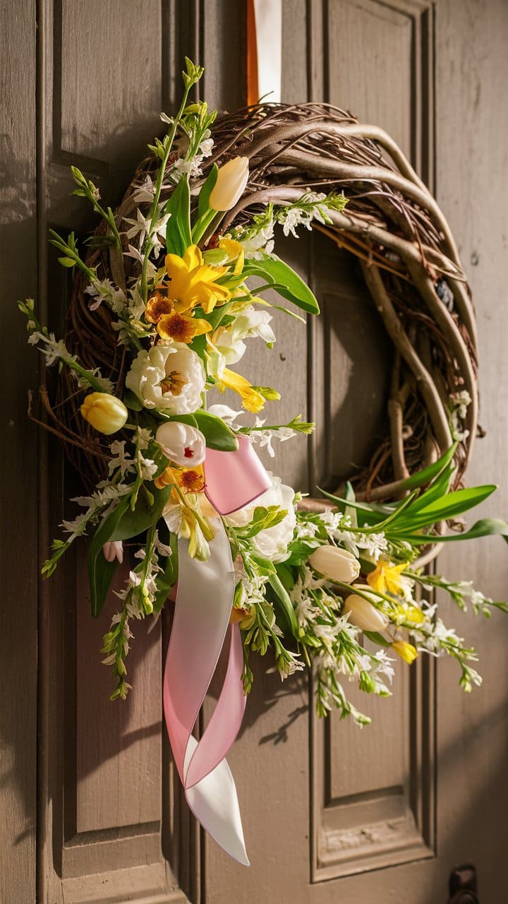 Couronne de fleurs printanières sur une porte.