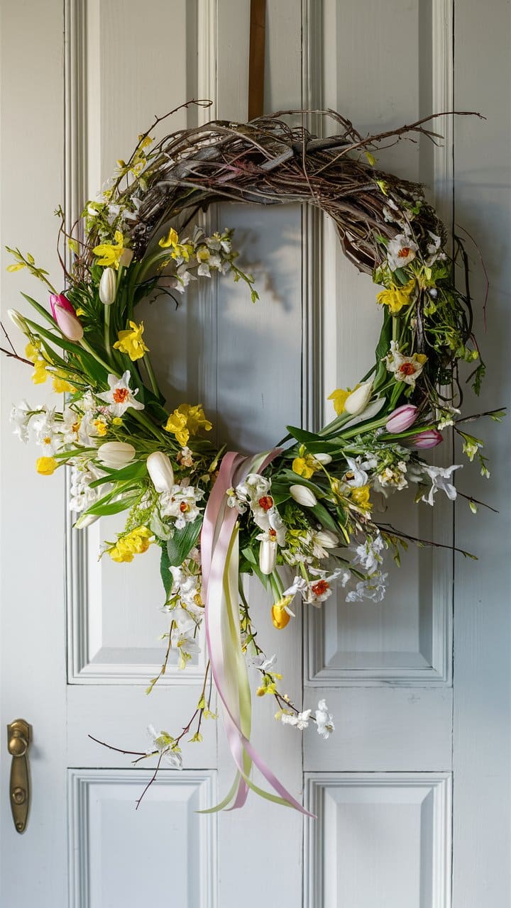 Couronne de fleurs printanières sur porte blanche.