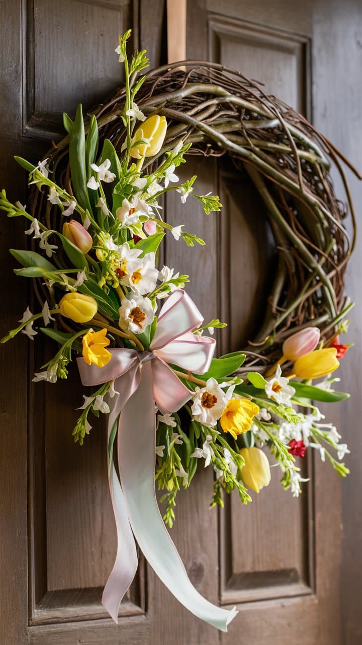 Couronne de fleurs printanières sur porte en bois.