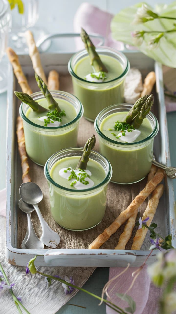 Soupe d'asperges en verrines avec crème.