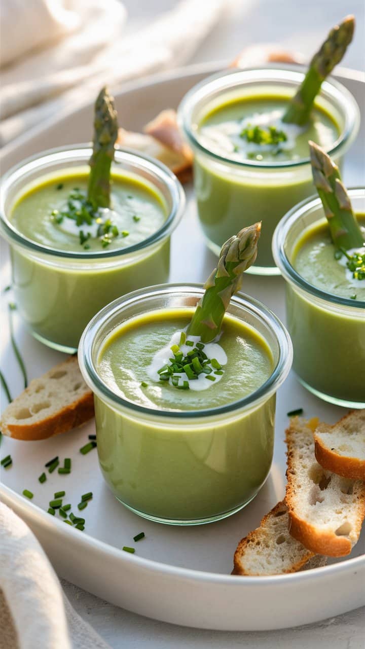Soupe d'asperges avec herbes et pain.