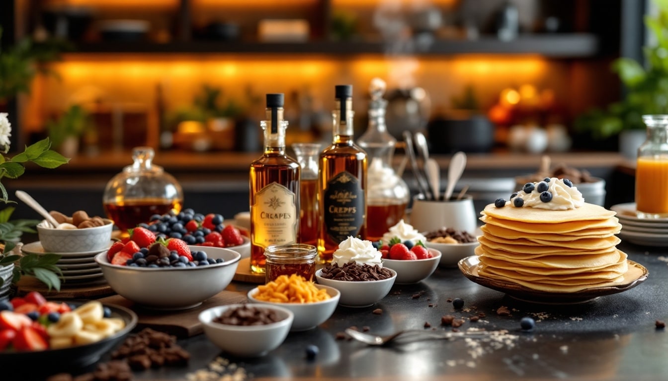 Petit-déjeuner crêpes avec fruits et sirop.