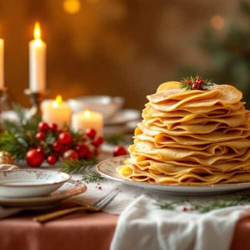 Pile de crêpes sur table festive éclairée.