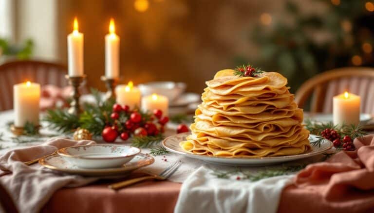 Pile de crêpes sur table festive éclairée.