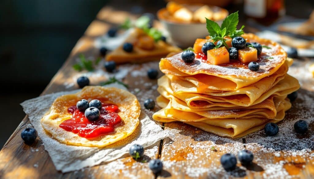 Crêpes garnies de fruits et sucre sur table en bois.