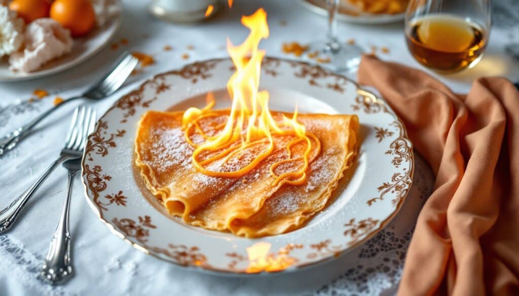 Crêpe flambée au centre d'une assiette décorée.