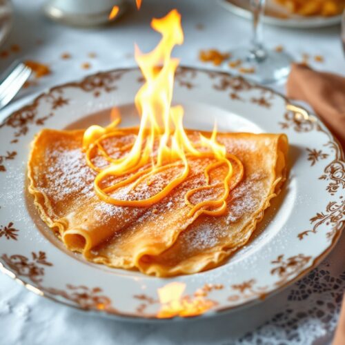Crêpe flambée au centre d'une assiette décorée.