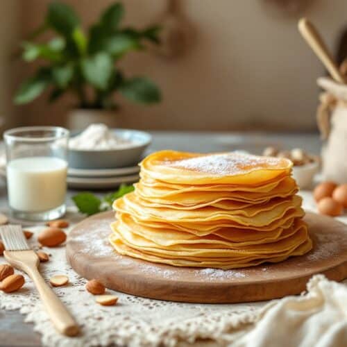 Pile de crêpes avec ingrédients en arrière-plan.