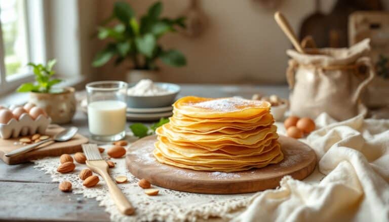 Pile de crêpes avec ingrédients en arrière-plan.