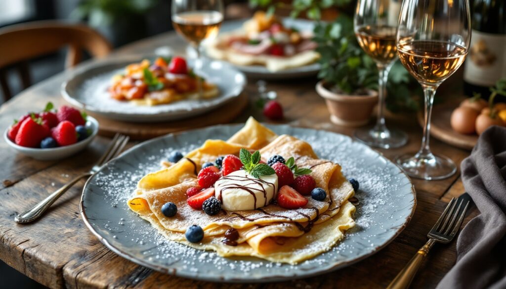 Crêpes garnies de fruits et chocolat sur table.