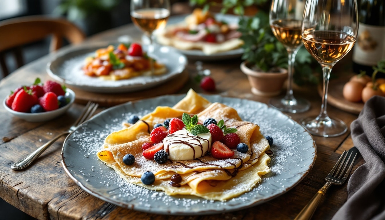Crêpes garnies de fruits et chocolat sur table.