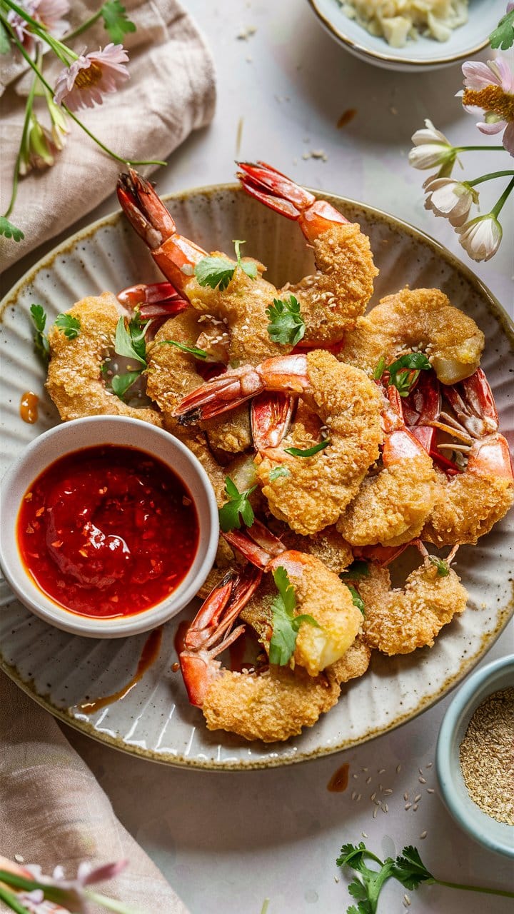 Crevettes panées avec sauce rouge pimentée.