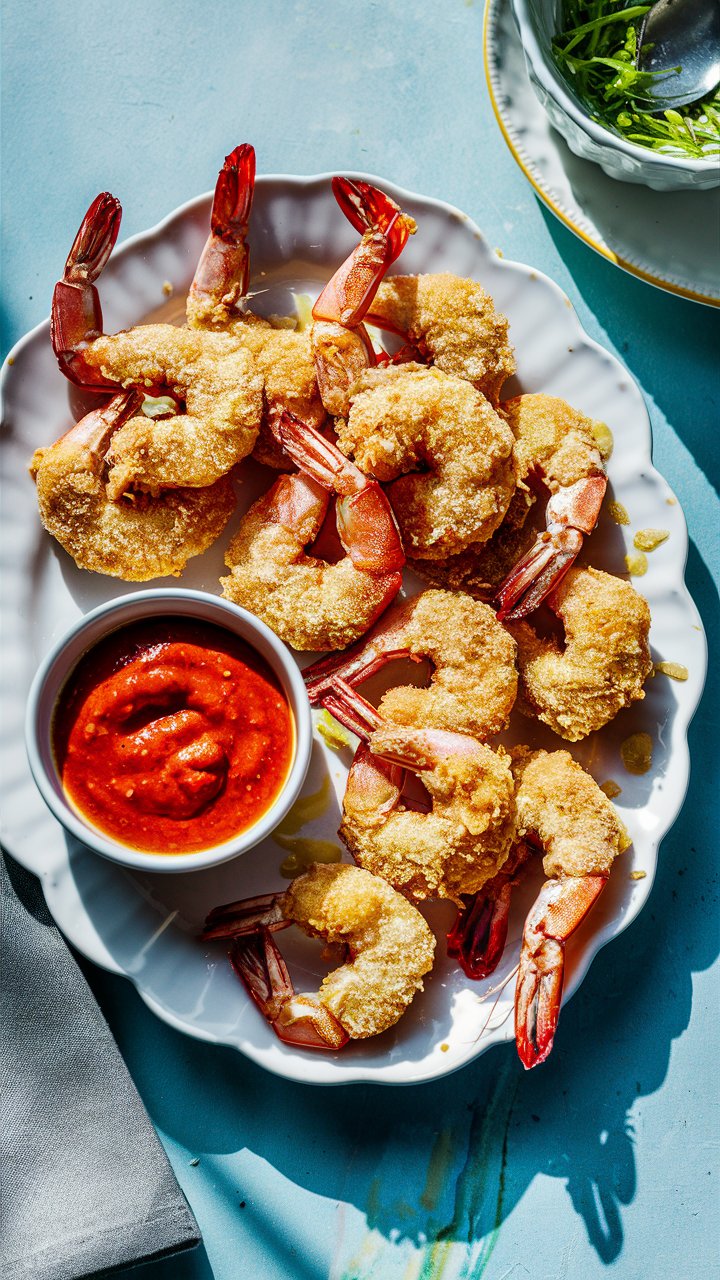 Crevettes frites avec sauce rouge sur assiette blanche.