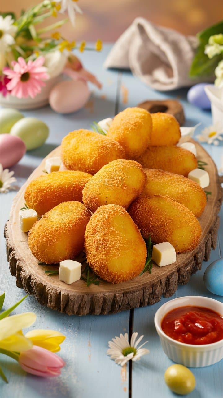 Croquettes dorées sur planche en bois.