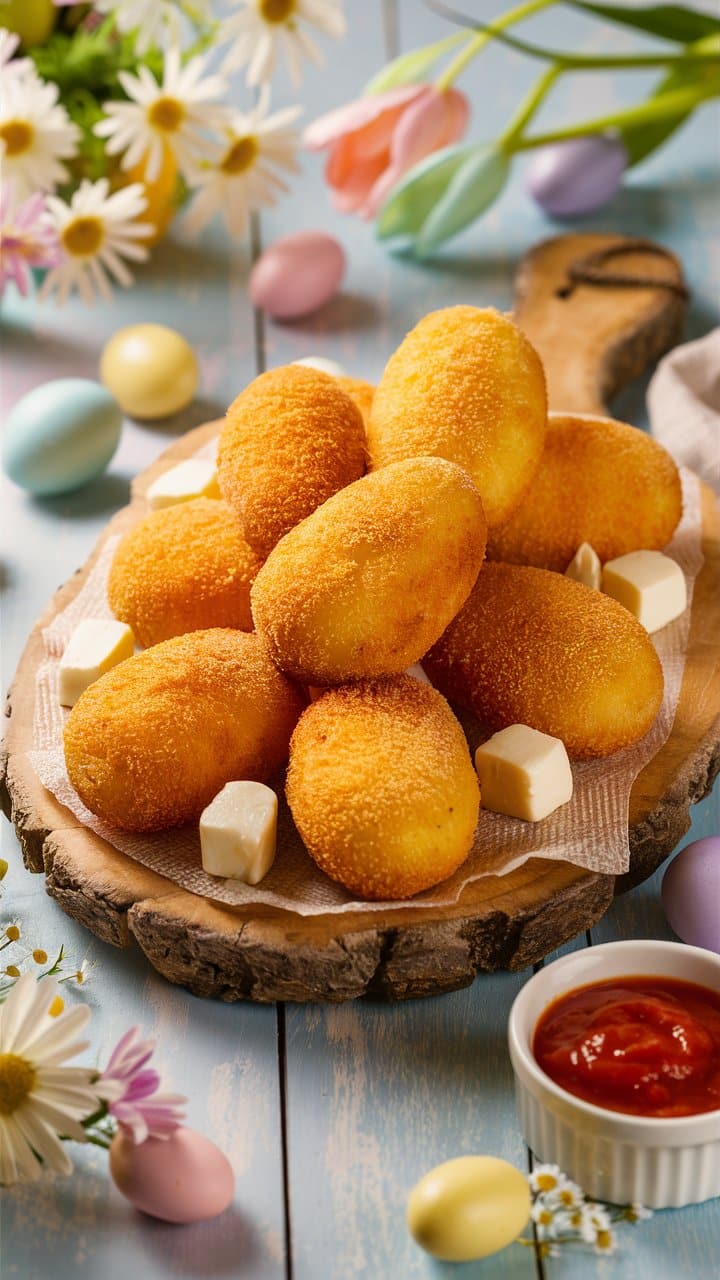 Croquettes dorées avec cubes de fromage et sauce.