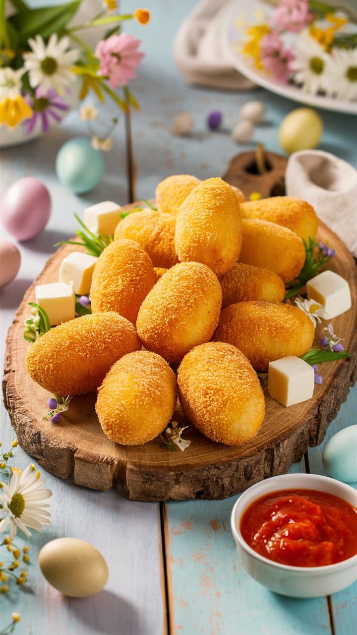 Croquettes dorées sur planche avec sauce tomate.
