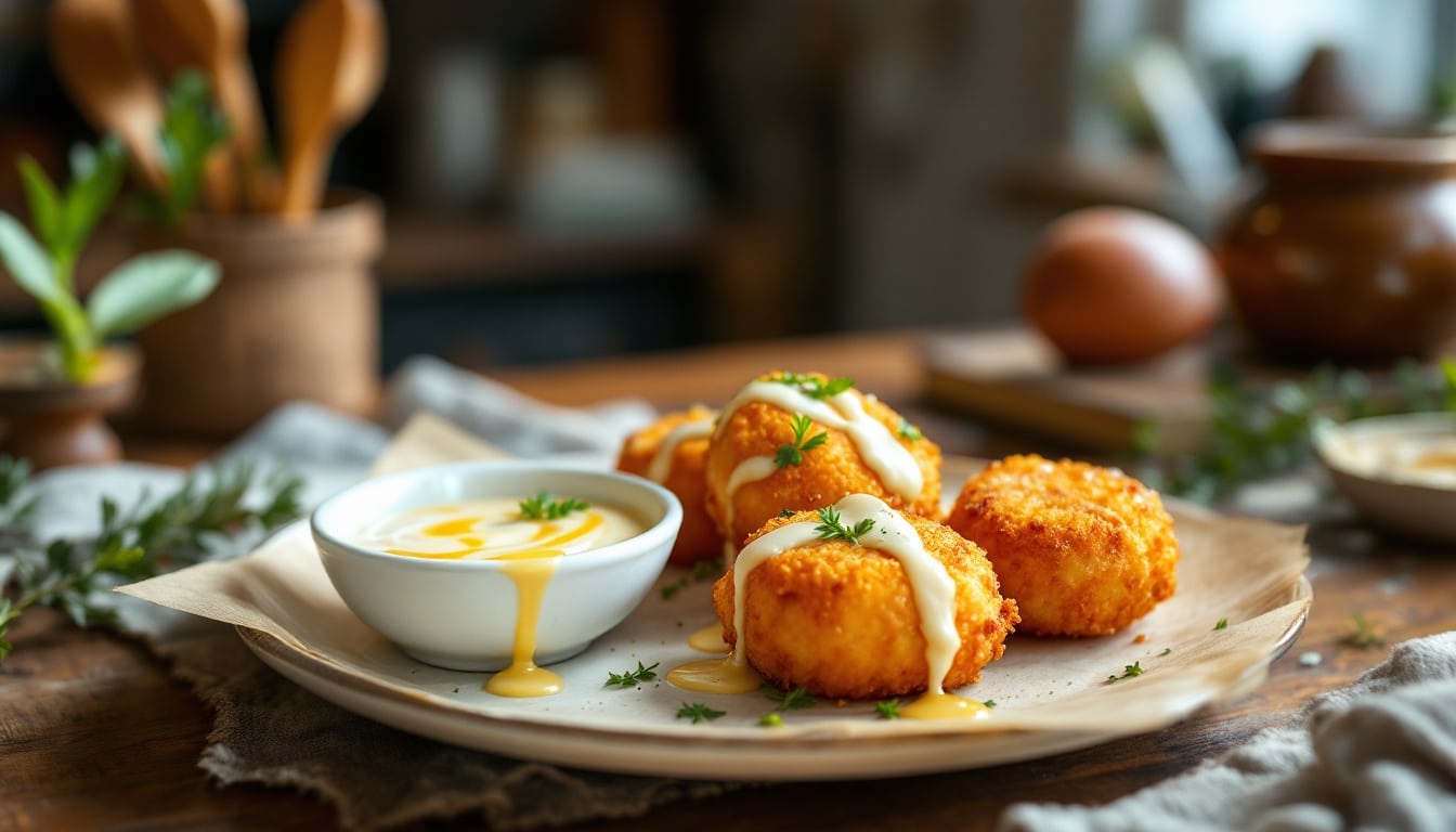 Croquettes de pommes de terre avec sauce crémeuse.