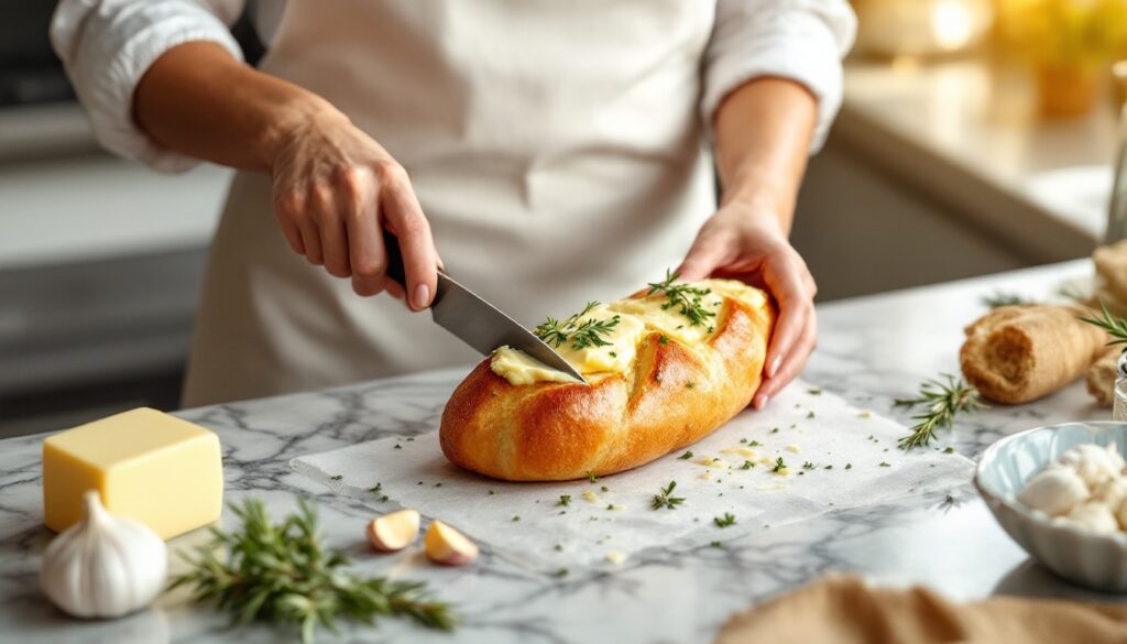 Pain beurré aux herbes sur une table.