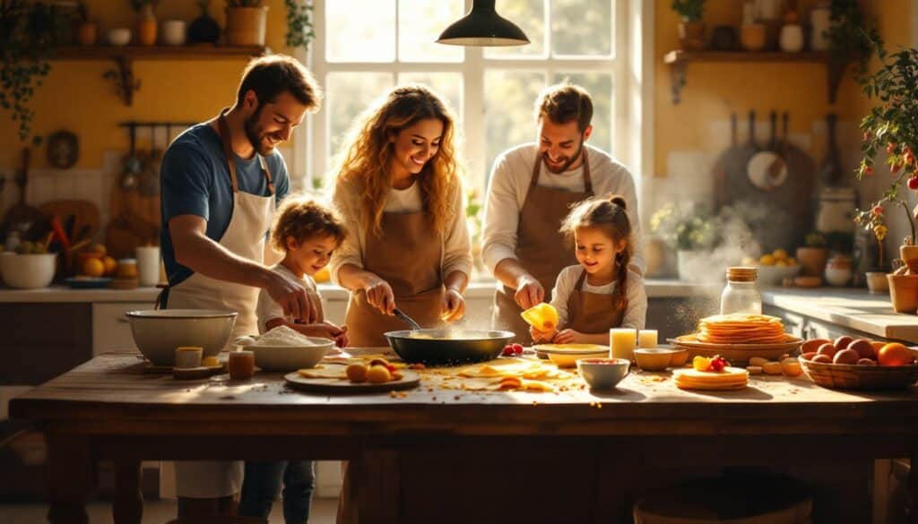 Famille cuisine ensemble dans une cuisine lumineuse.