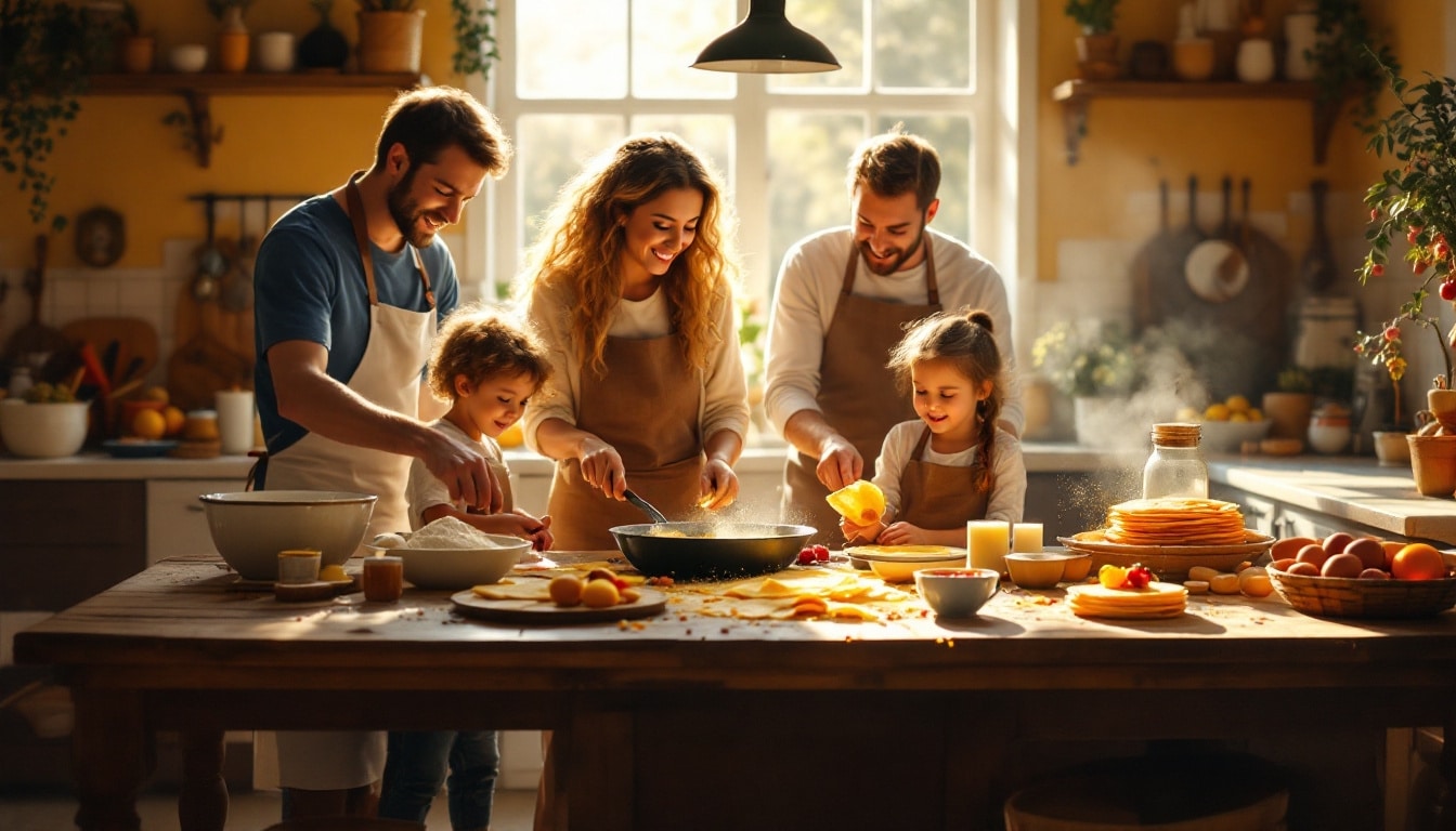 Famille cuisine ensemble dans une cuisine lumineuse.