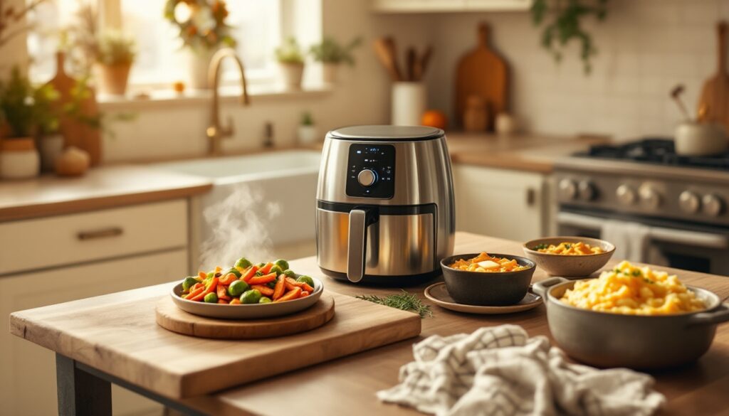 Cuisine moderne avec friteuse et plats appétissants.