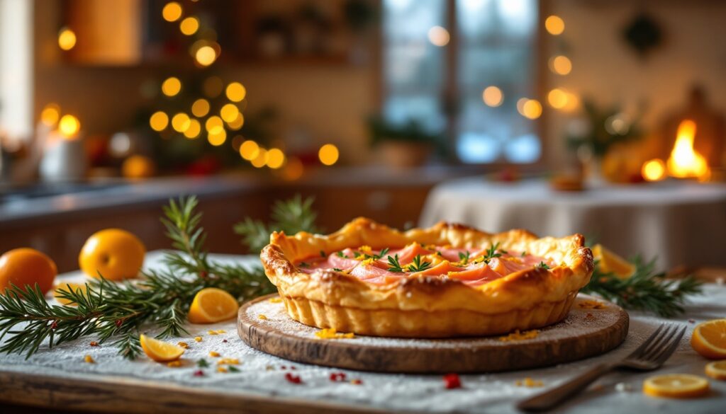 Tarte décorée sur table festive avec lumières.