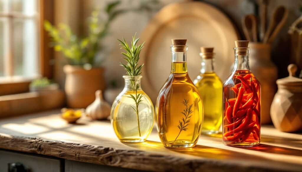 Bouteilles d'huiles aromatisées sur un plan de travail.