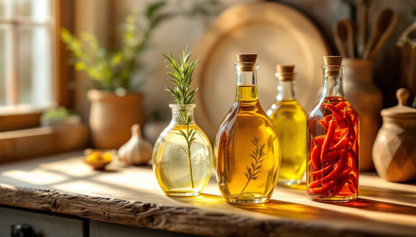 Bouteilles d'huiles aromatisées sur un plan de travail.