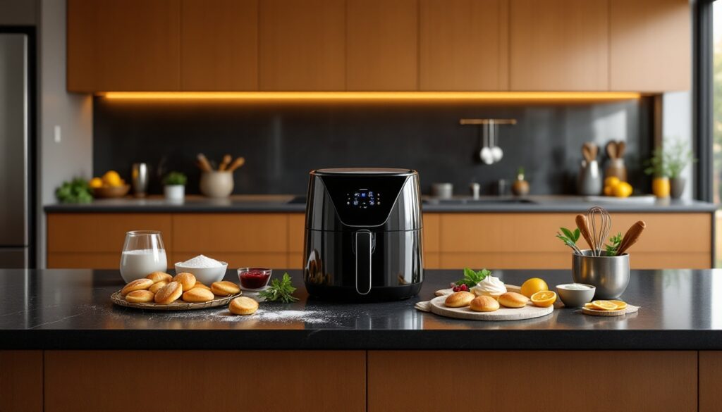 Cuisine moderne avec friteuse et pâtisseries.